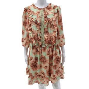 Happy Nature Women Mini Floral Green Dress 3/4 Sleeve Round Neck Size M